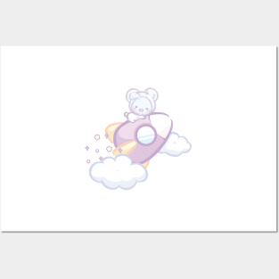 Fluffy Bunny Astronaut above Clouds and Moon Posters and Art